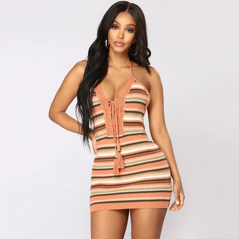 Новое уличное женское трикотажное Полосатое разноцветное платье с v образным