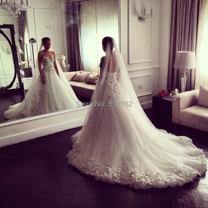 Luxurious Bridal Gown A-Line Strapless Court Train Afghan Chic Flowers Beading Tulle Long Wedding Dresses 2015 | Свадьбы и торжества