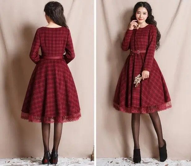 Женское шерстяное платье в клетку лоскутное кружевное до колена с длинным