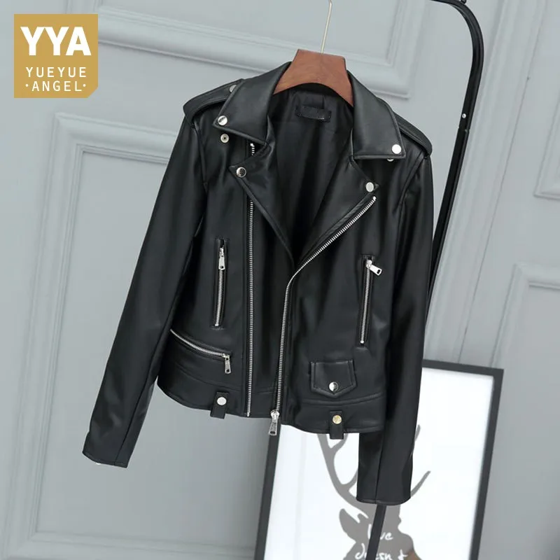 Женская короткая облегающая байкерская куртка из 100% натуральной овечьей кожи