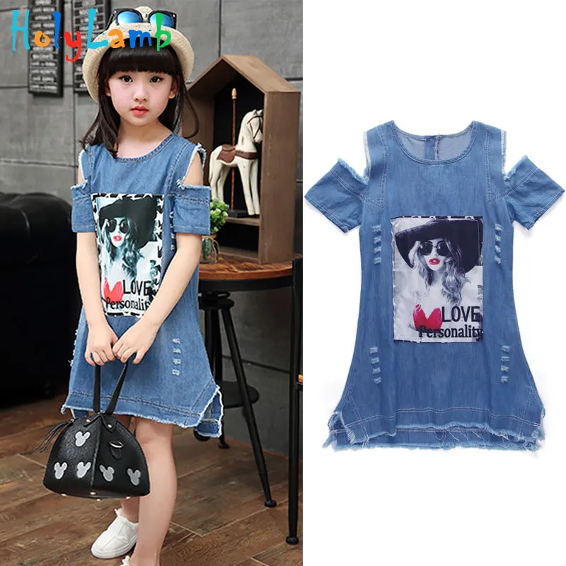 

Новинка 11,11, детские джинсовые платья для девочек, летнее платье без бретелек, одежда для девочек с рисунком, детская одежда с коротким рукав...