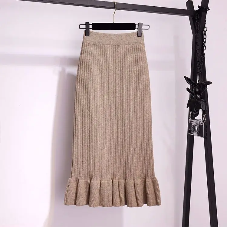 Khaki for 65cm Vangull Женская длинная юбка-свитер зимние женские плиссированные юбки миди макси трикотажные с высокой талией теплые элегантные Saias Jupe Femme - Цвет: Khaki for 65cm