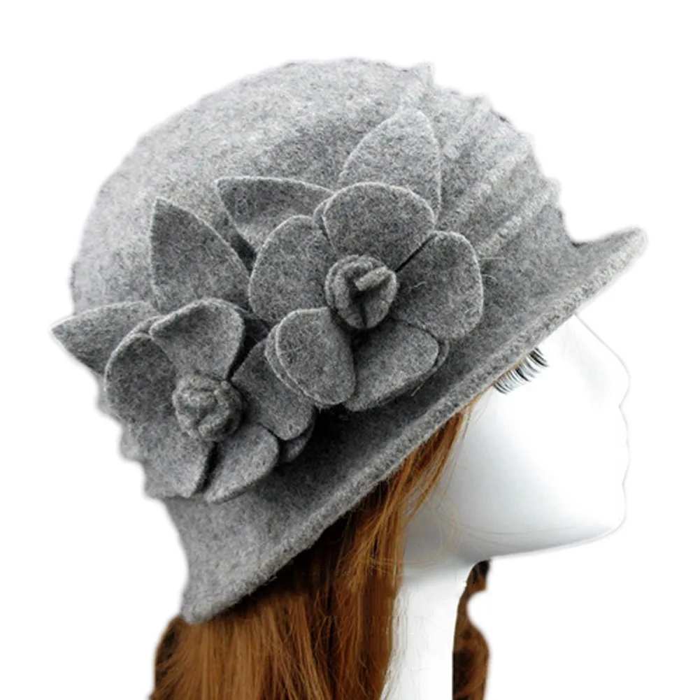 light grey Модная женская шерстяная фетровая шерстяная шляпа с цветочным дизайном, осенне-зимняя теплая шапка, шапки SSA-19ING - Цвет: light grey