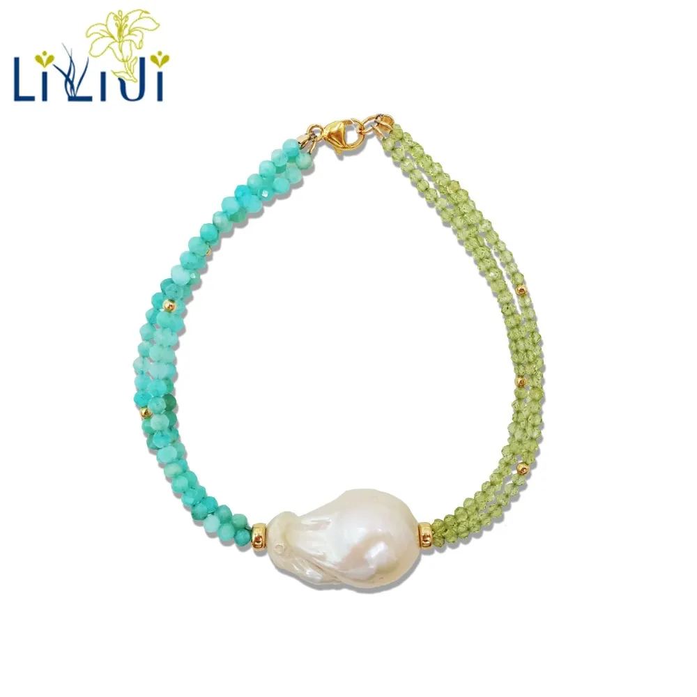 

Lii Ji Natural Gemstone Peridot,Amazonite,Baroque Pearl 925 Sterling Silver 18K Gold Color/9K GF 3 Rows Bracelet