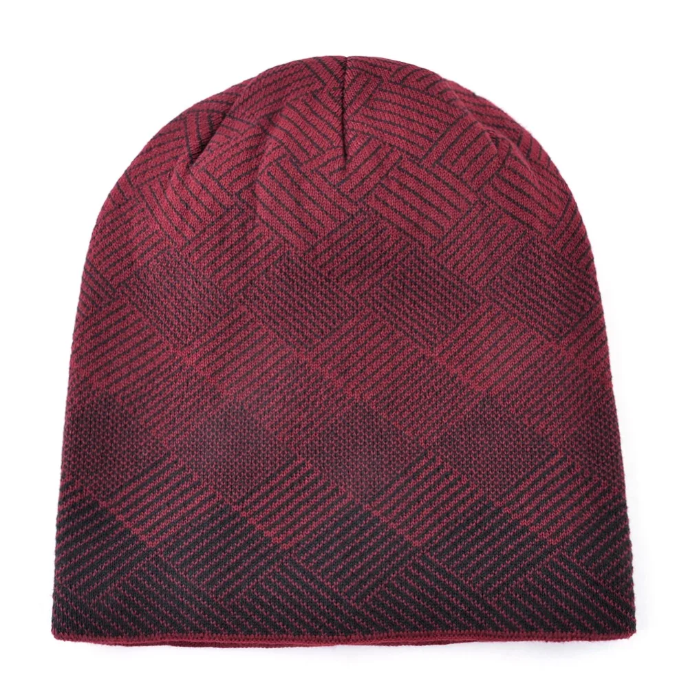 Клетчатая шапка в полоску, Мужская теплая шапка, двухслойная, gorro, плюс бархат, вязанная шерстяная шапка, зимние шапки для мужчин, шапочки в стиле хип-хоп