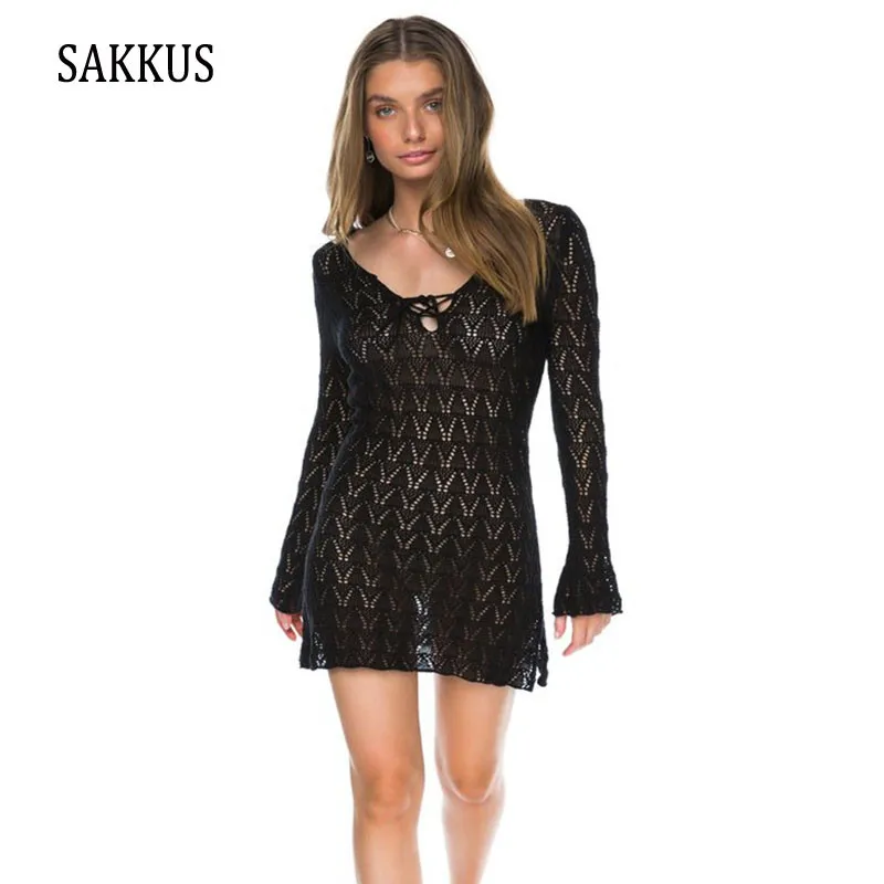 SAKKUS 2018 новое летнее вязаное крючком пляжное платье бандажная повязка купальник пляжная одежда с длинными