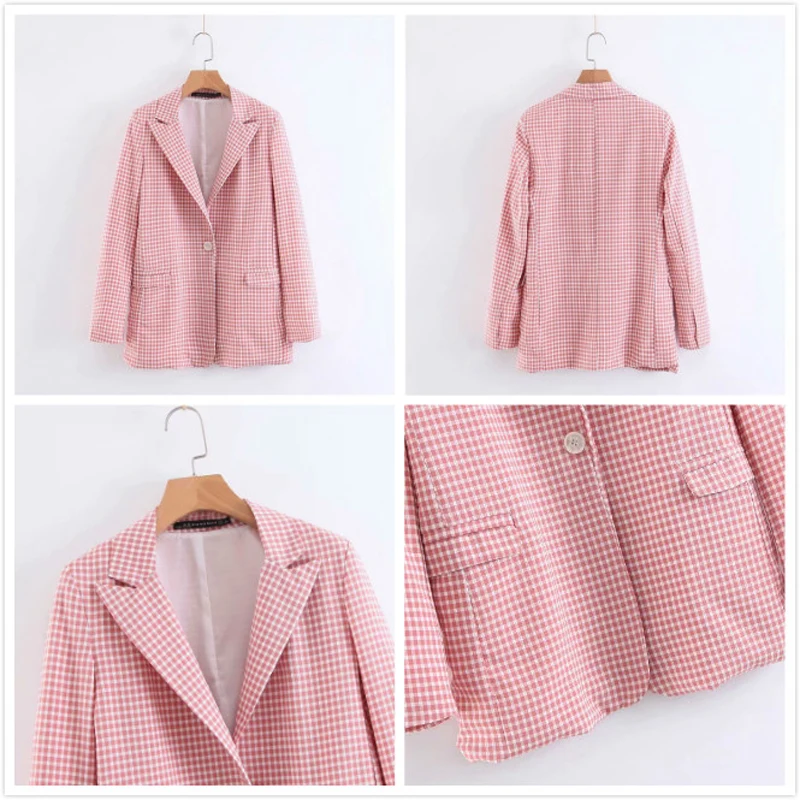 Женский офисный костюм блейзер на одной пуговице + брюки в клетку наборы розового