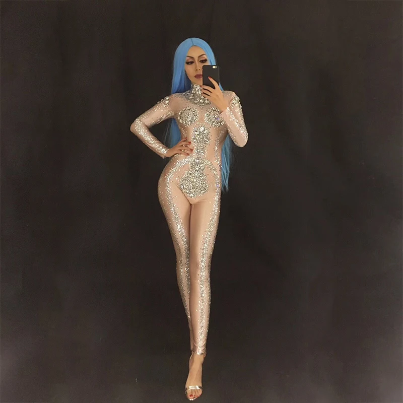 Glisten Crystals Printed Sexy Jumpsuit Birthday Prom Party Celebration Costume Nightclub Female Singer Stage Dance Show Bodysuit |