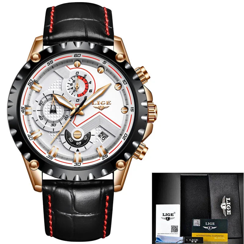 gold white L Relogio Masculino LIGE мужские s часы лучший бренд класса люкс кварцевые золотые часы мужские повседневные кожаные военные водонепроницаемые спортивные наручные часы - Цвет: gold white L