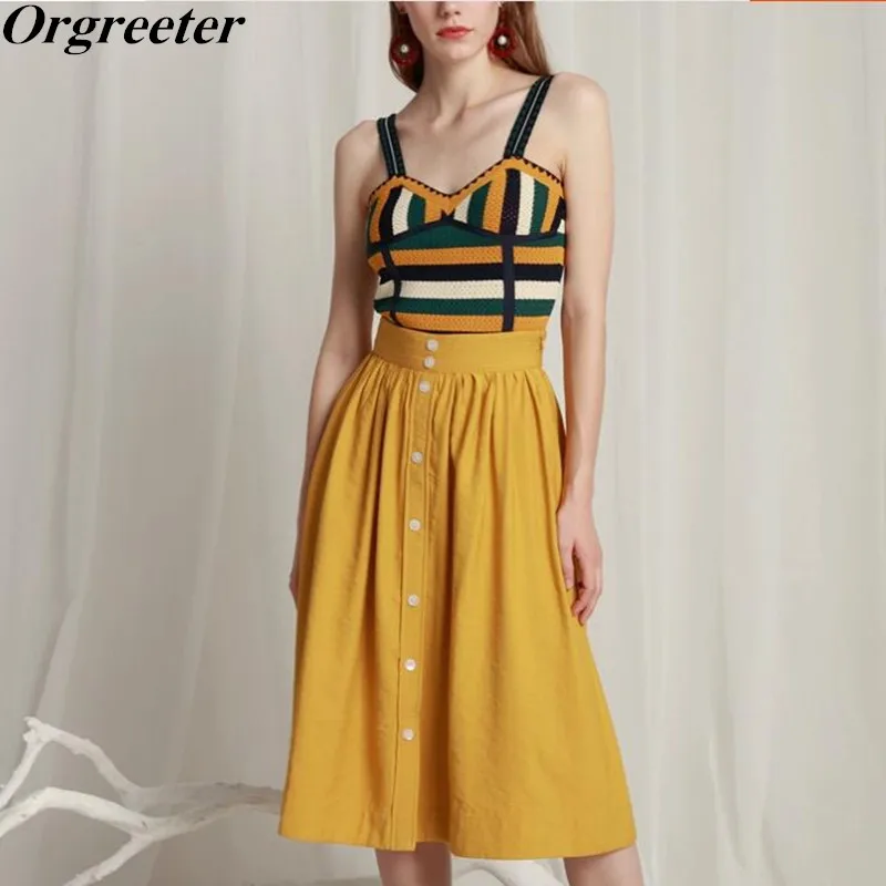 Tops and Skirt set Летний Цветной полосатый вязаный желтый жилет без рукавов Топ+ юбка на пуговицах костюмы женские пляжные комплекты из 2 предметов - Цвет: Tops and Skirt set
