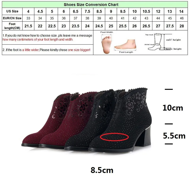 

DRFARGO Flock Shoes Women Flower Bling Square High Heel Zipper Boots Spring Winter Shoes Femme Chaussure Mujer Zapato size 34-41