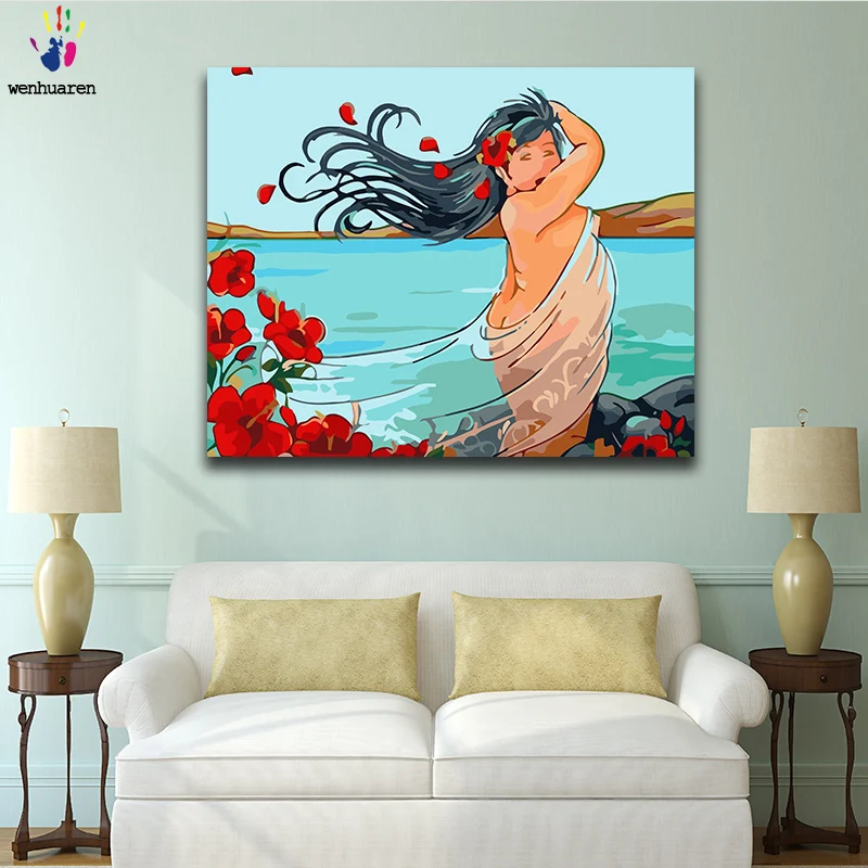 Diy paint by numbers picture painting with kits A fat girl on the beach lovely Bedroom decorative hanging | Дом и сад