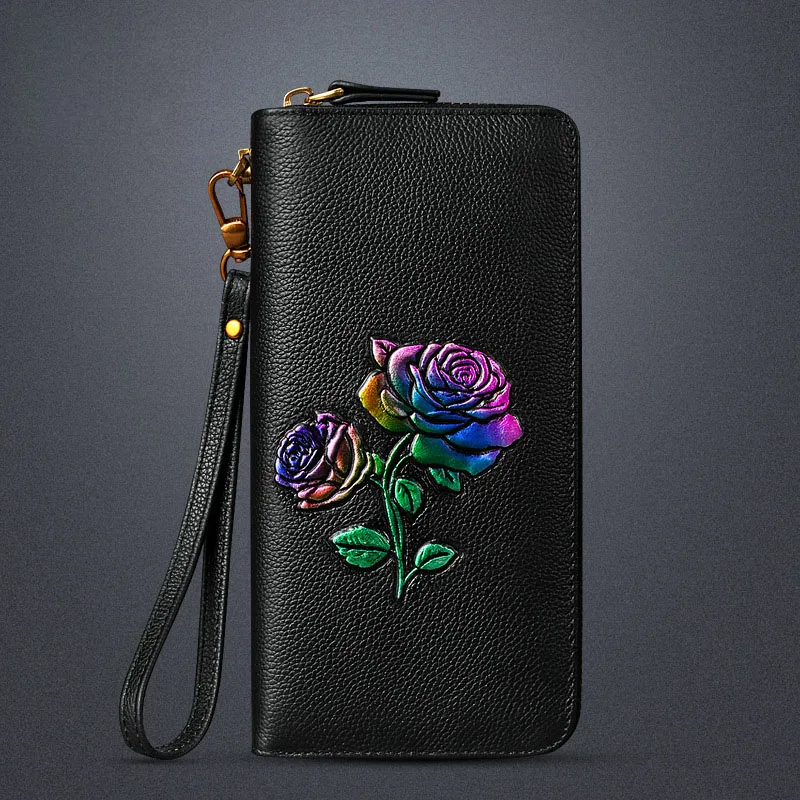 Multicolored rose Модный женский кошелек из натуральной кожи с цветами, роскошный брендовый кошелек с бабочкой, новинка, Женский Длинный кошелек на молнии, портмоне - Цвет: Multicolored rose