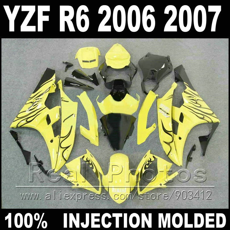 Комплект кузова MOTOMARTS для YAMAHA R6 обтекатель 06 07 литье под давлением черный Пламя