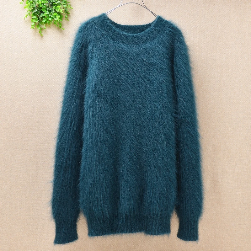 (size:M) Elegant thicken warm genuine mink cashmere slim hand knitting long sleeves o-neck angora rabbit pullover sweater winter | Женская