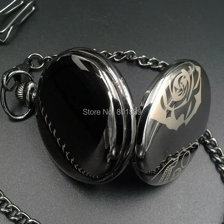 Элегантные Мужские кварцевые карманные часы с черным черепом розы цепочкой