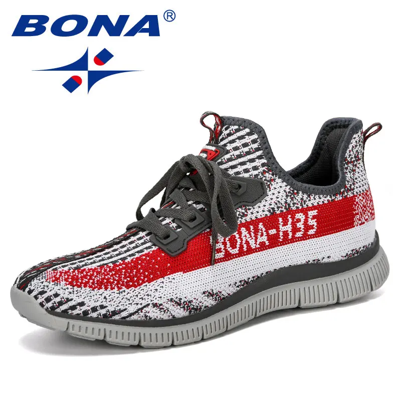 White dark grey red BONA/Новинка года; Дизайнерские кроссовки; дышащая повседневная Нескользящая Мужская Вулканизированная обувь; Мужская износостойкая обувь из сетчатого материала; Tenis Masculino - Цвет: White dark grey red