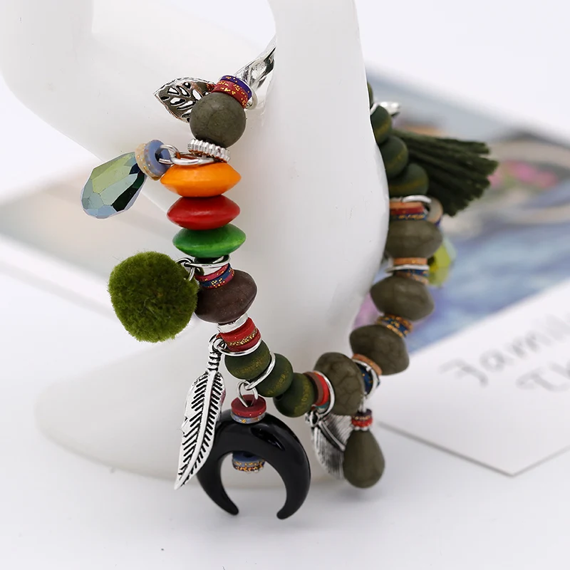 ALLYES Green Wooden Beads Bracelets for Women Jewelry Bohemian Vintage Wool Ball Alloy Leaves Charms Bracelet Femme | Украшения и