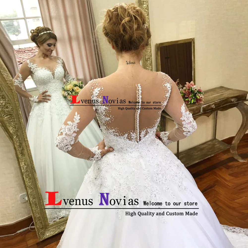 Прозрачные сзади Vestido de Noiva Плюс Размер романтическое платье невесты Аппликации