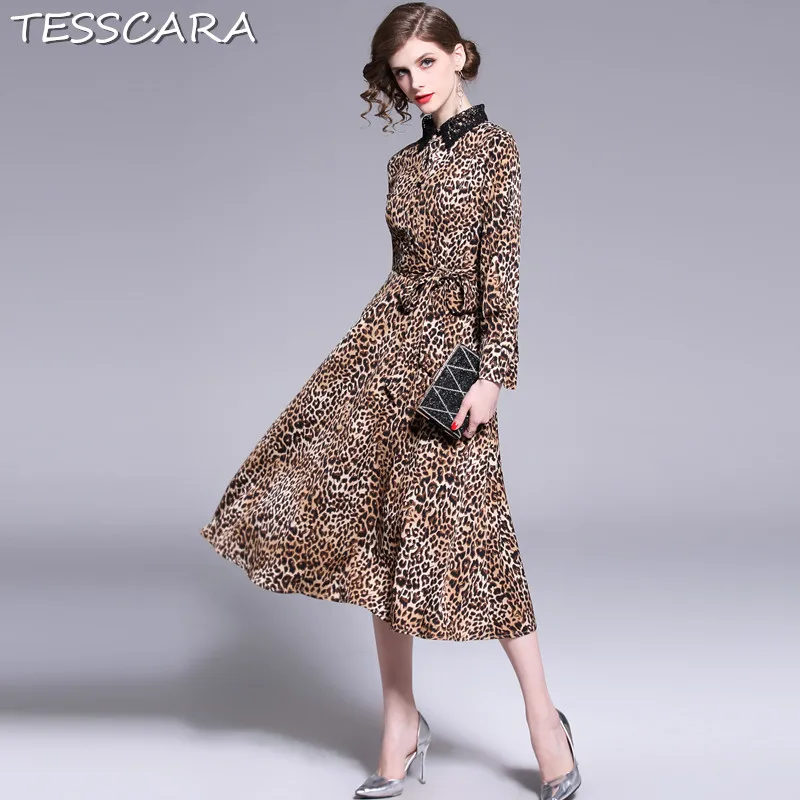 Женское платье с леопардовым принтом TESSCARA элегантное винтажное высокого