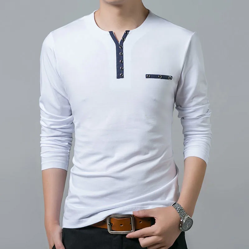 

Pure Cotton T Shirt Men Spring Autumn New Long Sleeve T-Shirt Men Henry Collar Shirt Men Fashion Slim Fit Top