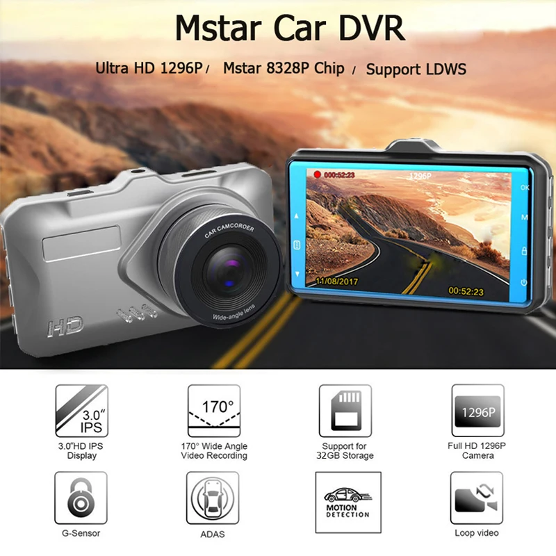 WHEXUNE 3 дюймов FHD ips Экран 1296 P/1080 P Видеорегистраторы для автомобилей Камера видео