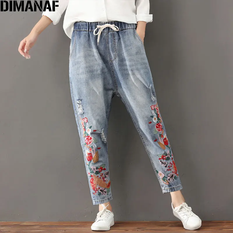 DIMANAF Women Jeans Harem Pants Plus Size Spring Ripped Denim Embroidery Floral Elastic Chinese Style Vintage New Blue Jeans 3XL
