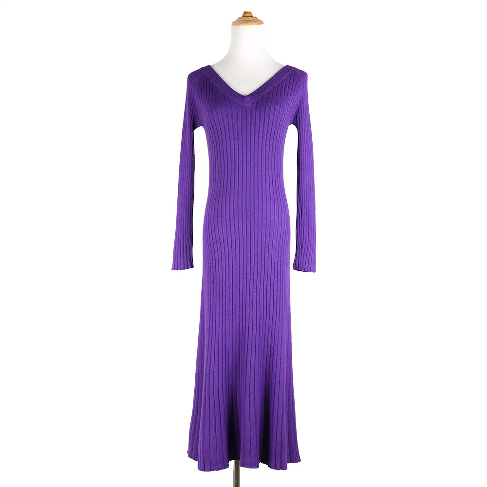 D00240 purple Шикарное Плиссированное женское платье-свитер, Осень-зима, длинные облегающие платья, повседневное однотонное платье для женщин, эластичное Ребристое обтягивающее трикотажное платье D240 - Цвет: D00240 purple