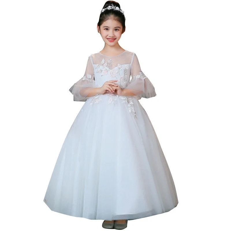 

2021Spring Korean Sweet White Color Birthday Wedding Party Ceremony Princess Prom Dress Half Sleeves First Communion Dresses