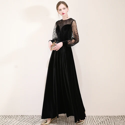 black SSYFashion, новое винтажное черное платье, элегантное, длинный рукав, кружево, велюр, длина до пола, официальное, вечернее платье, платья для особых случаев - Цвет: black