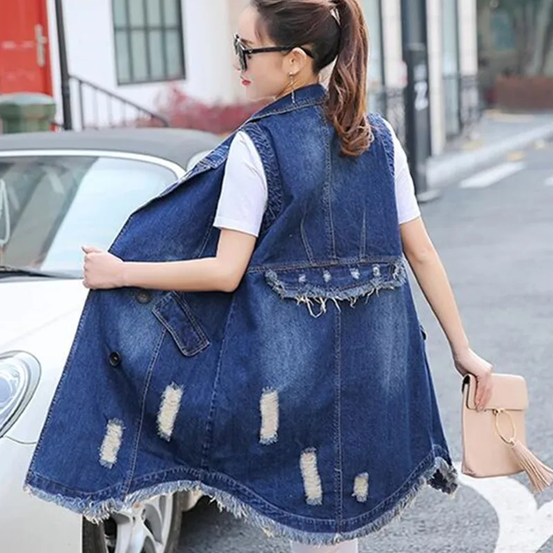 Джинсовый жилет для женщин 2017 новая мода весна осень Длинный без рукавов пальто