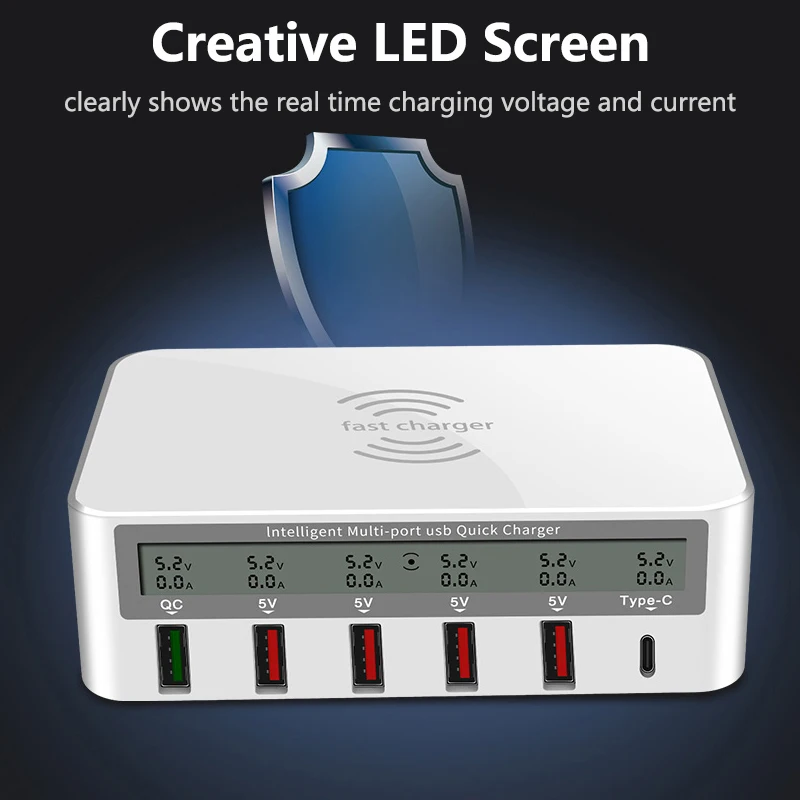 Multi-port Charging Station Hub 10W Qi Fast Charger Wireless LED Screen Smart USB Port Quick Charge 3.0 Type C PD | Мобильные
