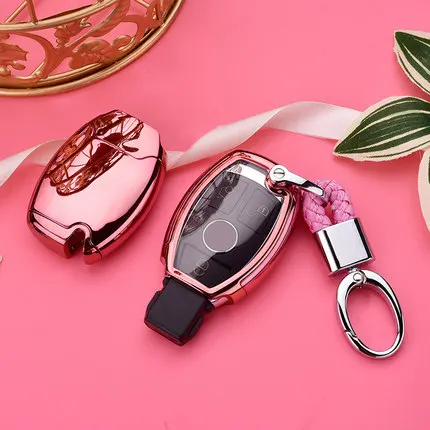 pink with keychain ТПУ чехол для ключей автомобиля для Mercedes Benz W203 W210 W211 W124 W202 W204 W212 W176 AMG аксессуары брелок - Название цвета: pink with keychain