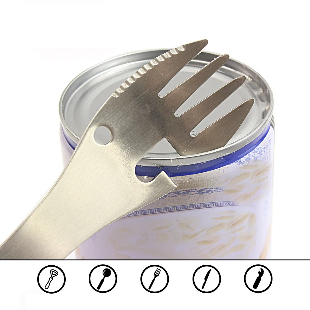 

5 in 1 Multi-functional Outdoor Tools 304 stainless steel one fork and spoon outdoor portable tableware fruit fork spoon Camping