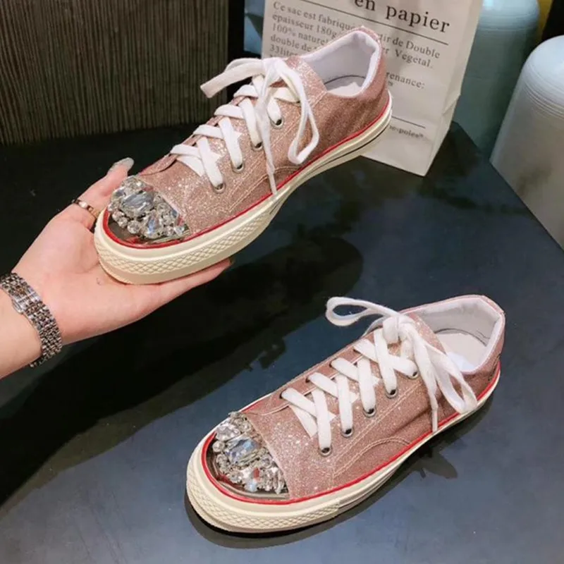 Prova Perfetto Bling обувь с блестками на плоской подошве со шнуровкой повседневная обувь Женская мода Кристалл кроссовки кожа женская обувь для девочек - Цвет: Розовый