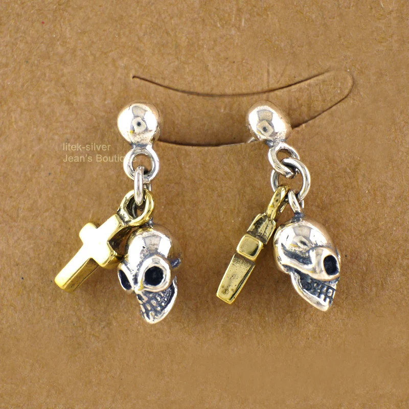 925 пробы серебряные Висячие серьги гвоздики с черепом для мужчин и женщин A1796|925