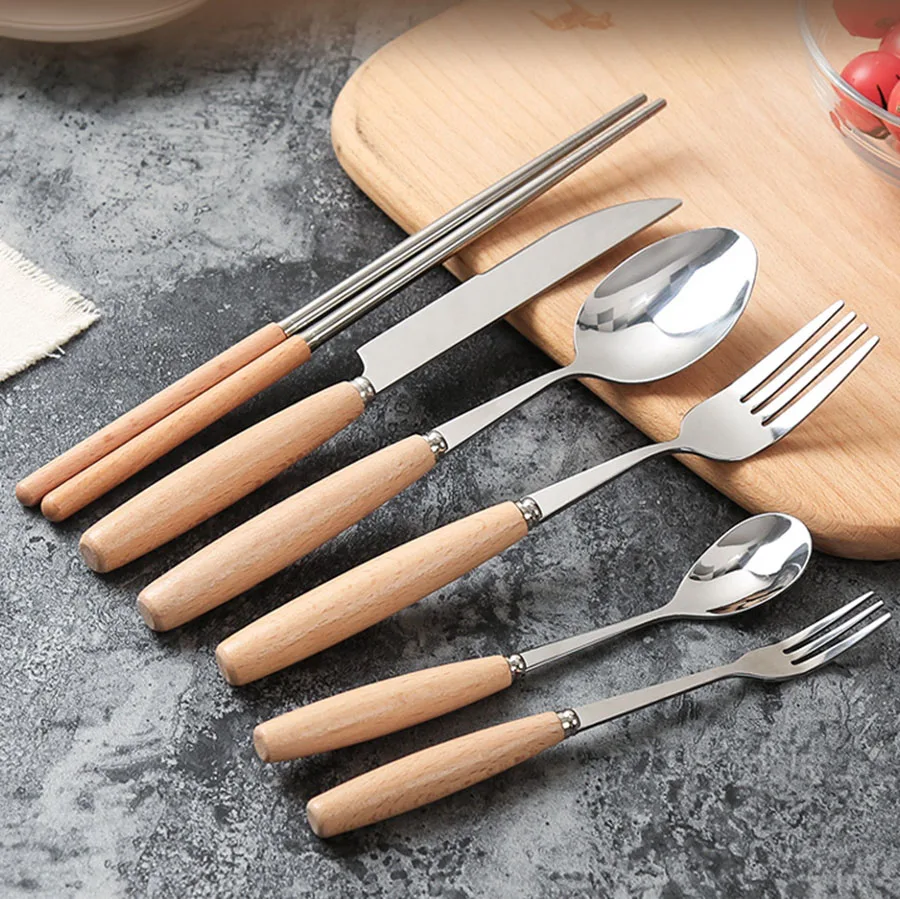 Fruit Fork Wooden Cutlery Set Stainless Steel Table Knife With Handle Cuberteria Acero Inoxidable Kitchen 40KO611 | Дом и сад