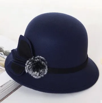 navy blue XdanqinX Новая Осенняя зимняя женская шапка Элегантная Модная трендовая Женская шерстяная Ретро дикая декоративная женская теплая шапка с бантом - Цвет: navy blue