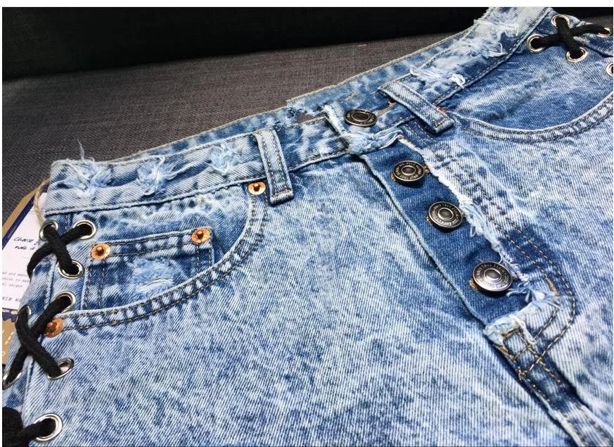 

Womens High Waist Summer Button Fly High Waist Denim Shorts Cowboy Double Banded Snow Flakes Sexy Jeans Shorts Short Mujer K410