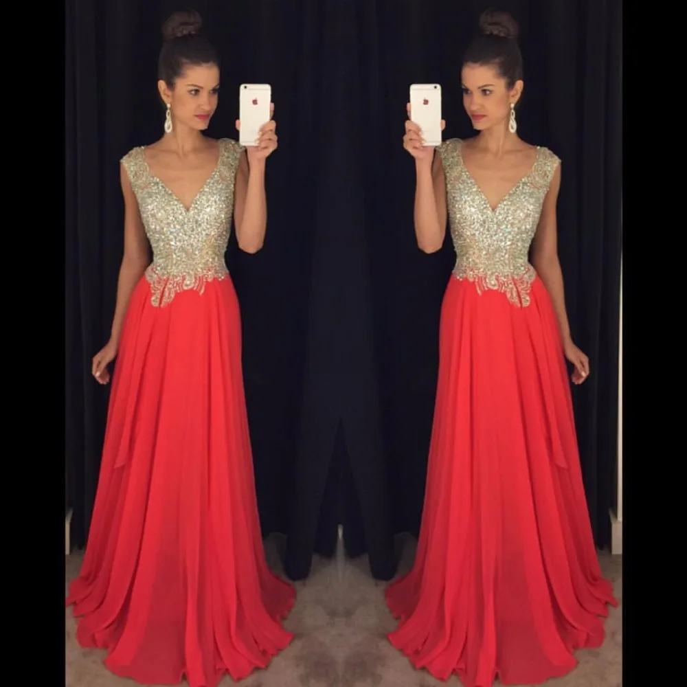 

Robe de soiree New Design Prom Dresses 2017 V-Neck Cap Sleeve Floor Length A-Line Crystal Beading Chiffon Evening Dresses