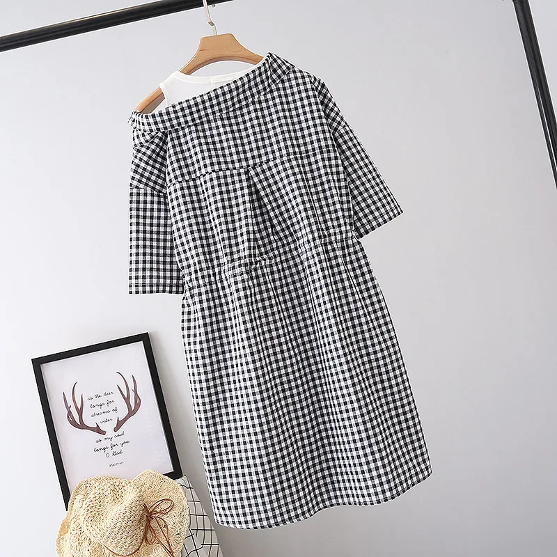 XL-3XL--dress Retro literary off-the-shoulder plaid fake two pieces mori girl dress | Женская одежда