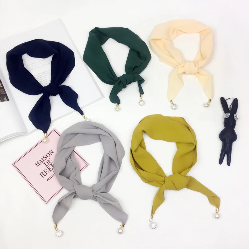 Женский шифоновый шарф однотонный тонкий с шестигранным жемчугом Осень зима 2018| |