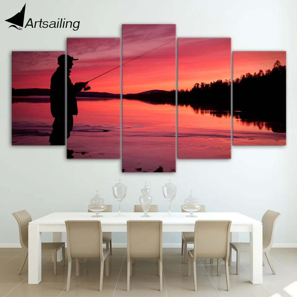 HD печать 5 шт Холст Искусство Озеро Рыбалка картина красный закат настенные картинки для гостиной домашний Декор Бесплатная доставка CU-1868B HD печать 5 шт Холст Искусство Озеро Рыбалка картина красный закат настенные картинки для гостиной домашний Декор Бесплатная доставка CU-1868B