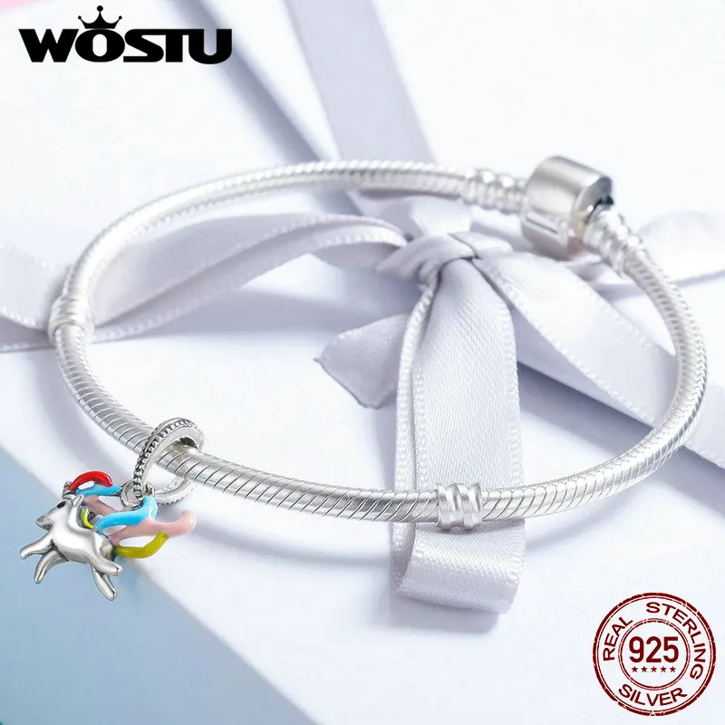 WOSTU Новая мода 925 пробы Серебряный красочный единорог талисман на память кулон подходит для женщин Шарм браслет DIY Ювелирные изделия CQC502