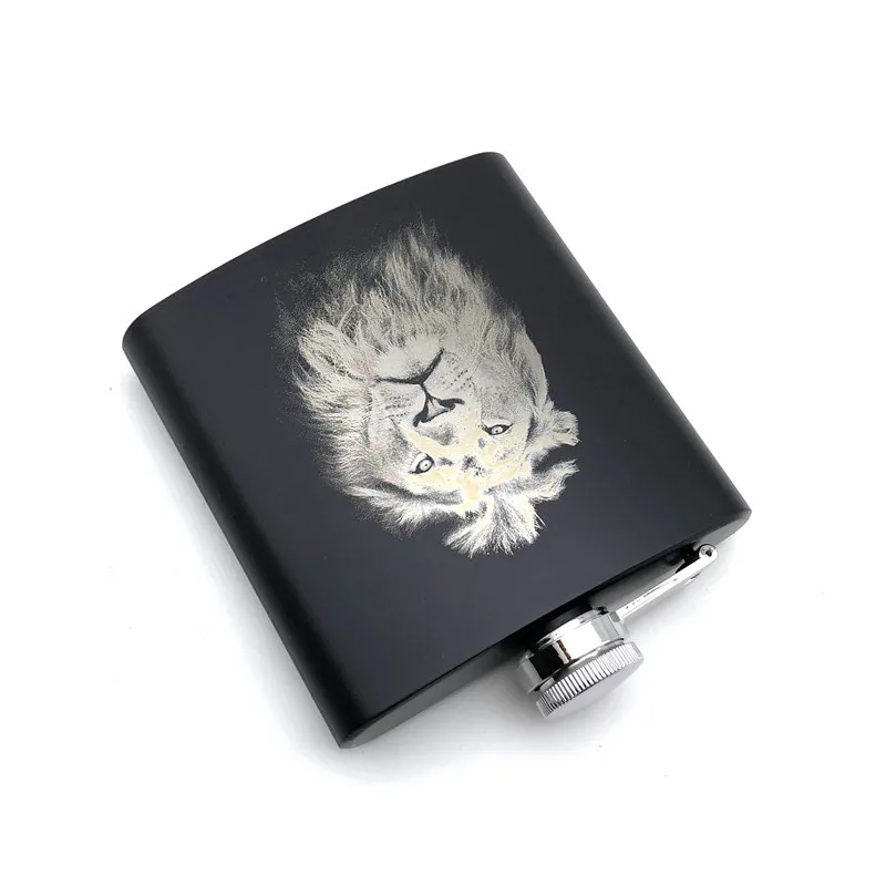 Черная фляжка King Lion 6 унций из нержавеющей стали, именная фляжка для спирта, ром, ликера, лазерная гравировка, Лев с одной воронкой