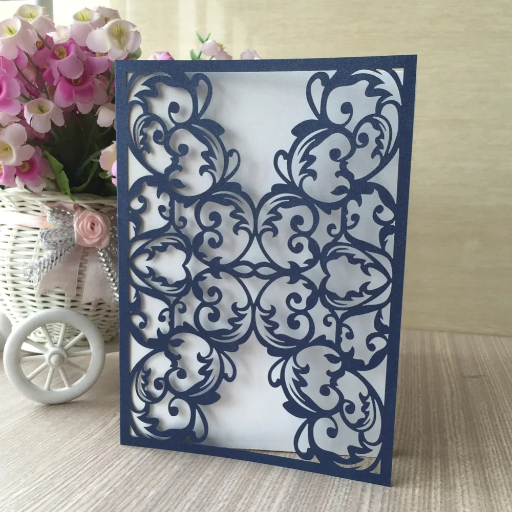 

30pcs Free Shipping Elegant Vertical Ivory White Wedding Invitation With 24 Colors & Laser Cut Flower,