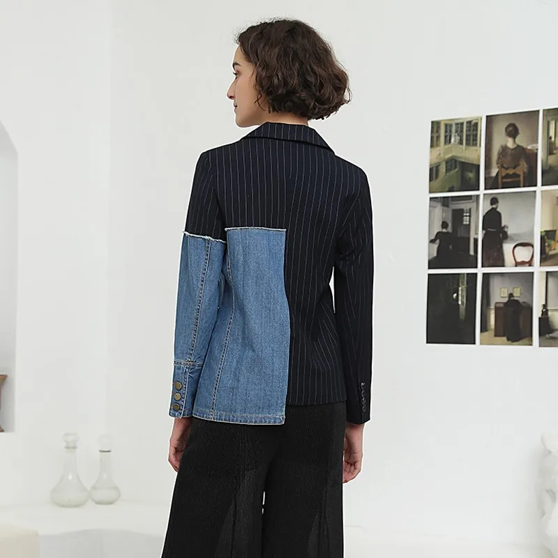 Женский блейзер CHICEVER Осенний в полоску с длинным рукавом и отложным