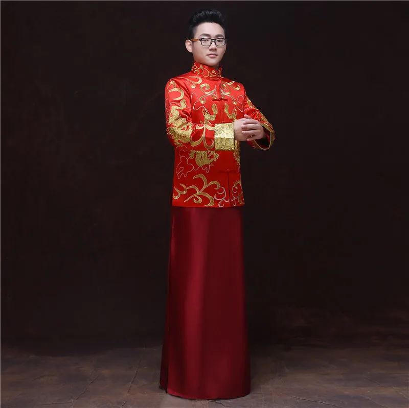 Костюмы для жениха свадьбы тостов мужской красный cheongsam китайский стиль платье