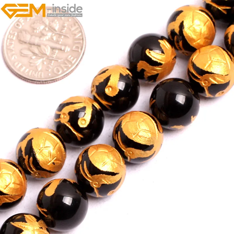 Gem-inside 10-14mm Round Gold Carved Dragon Turtle Tiger Phoenix Black Agate Beads For Jewelry Making 15&quot DIY | Украшения и