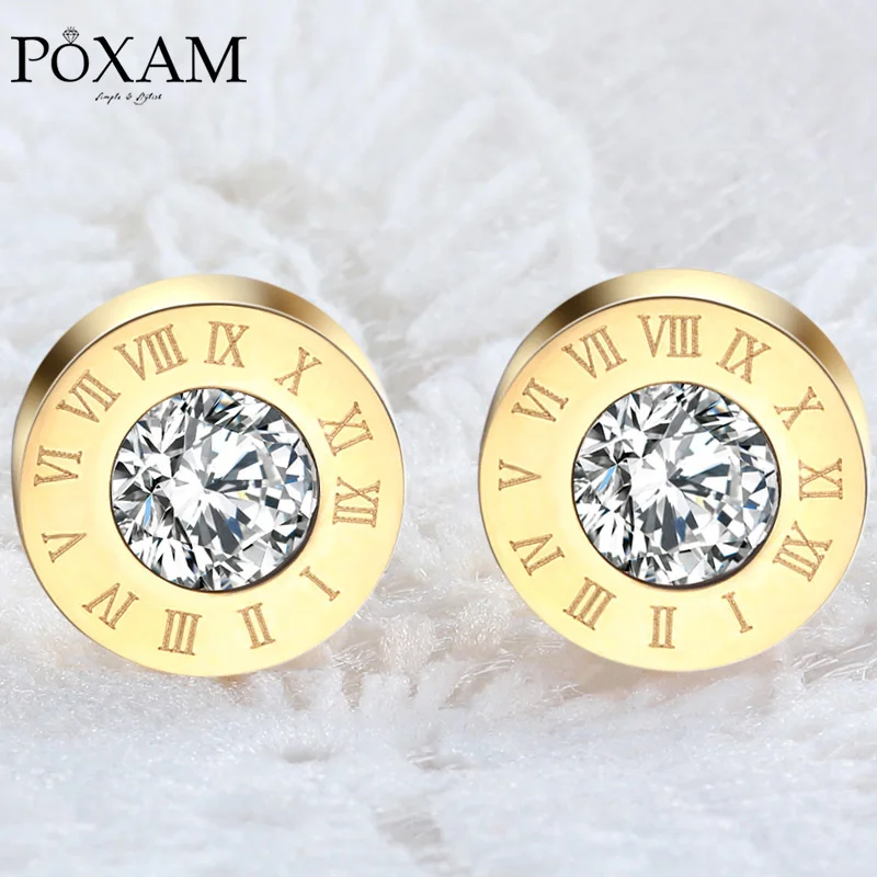 POXAM модные новые серьги гвоздики с римскими цифрами и круглыми кристаллами для